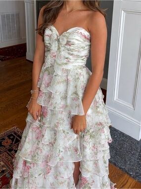 Sherri Hill Floral Strapless Ruffled Tiered Gown in White and Pink